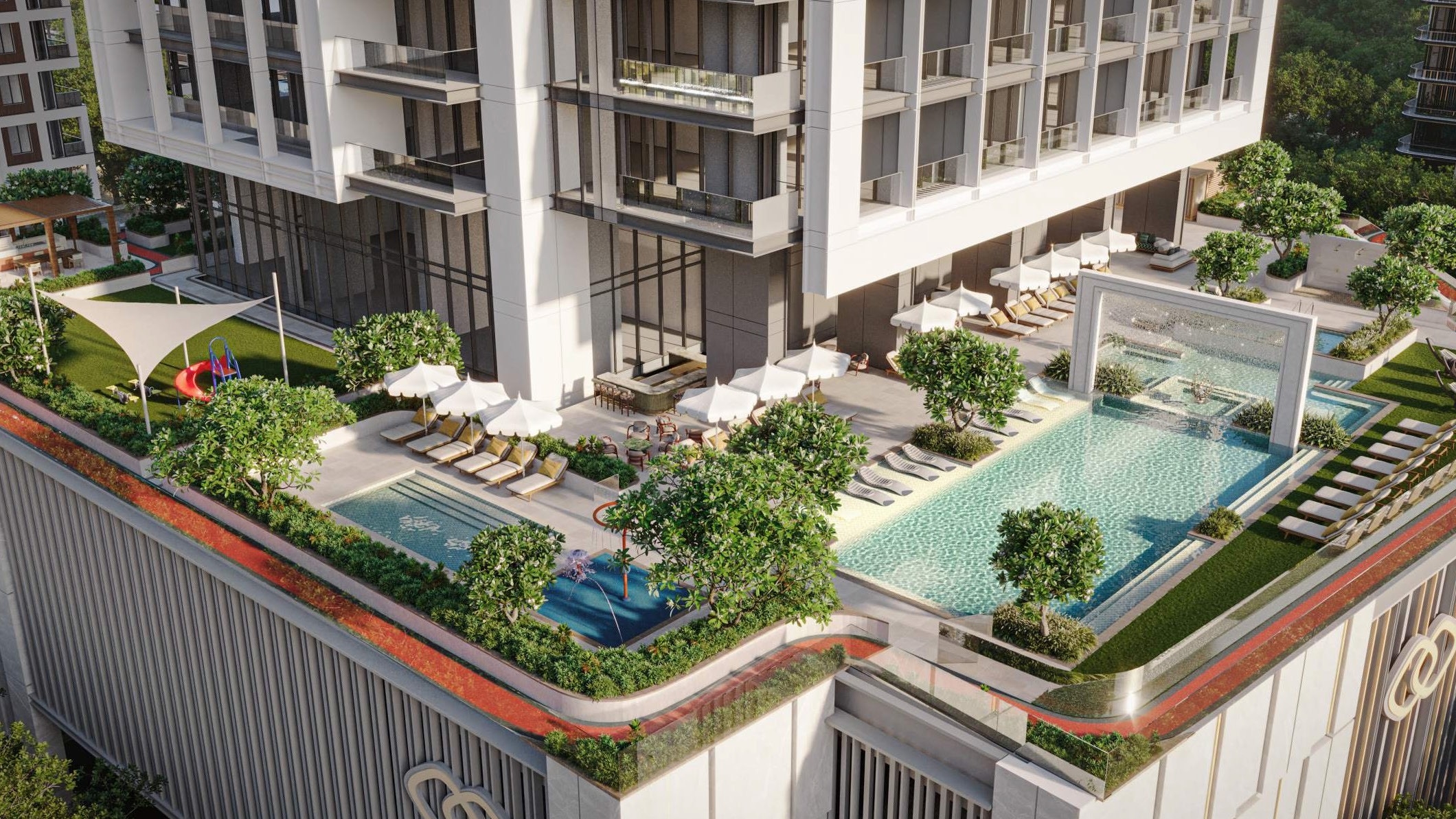 Sofitel Residences Dubai podium level pool and amenities deck