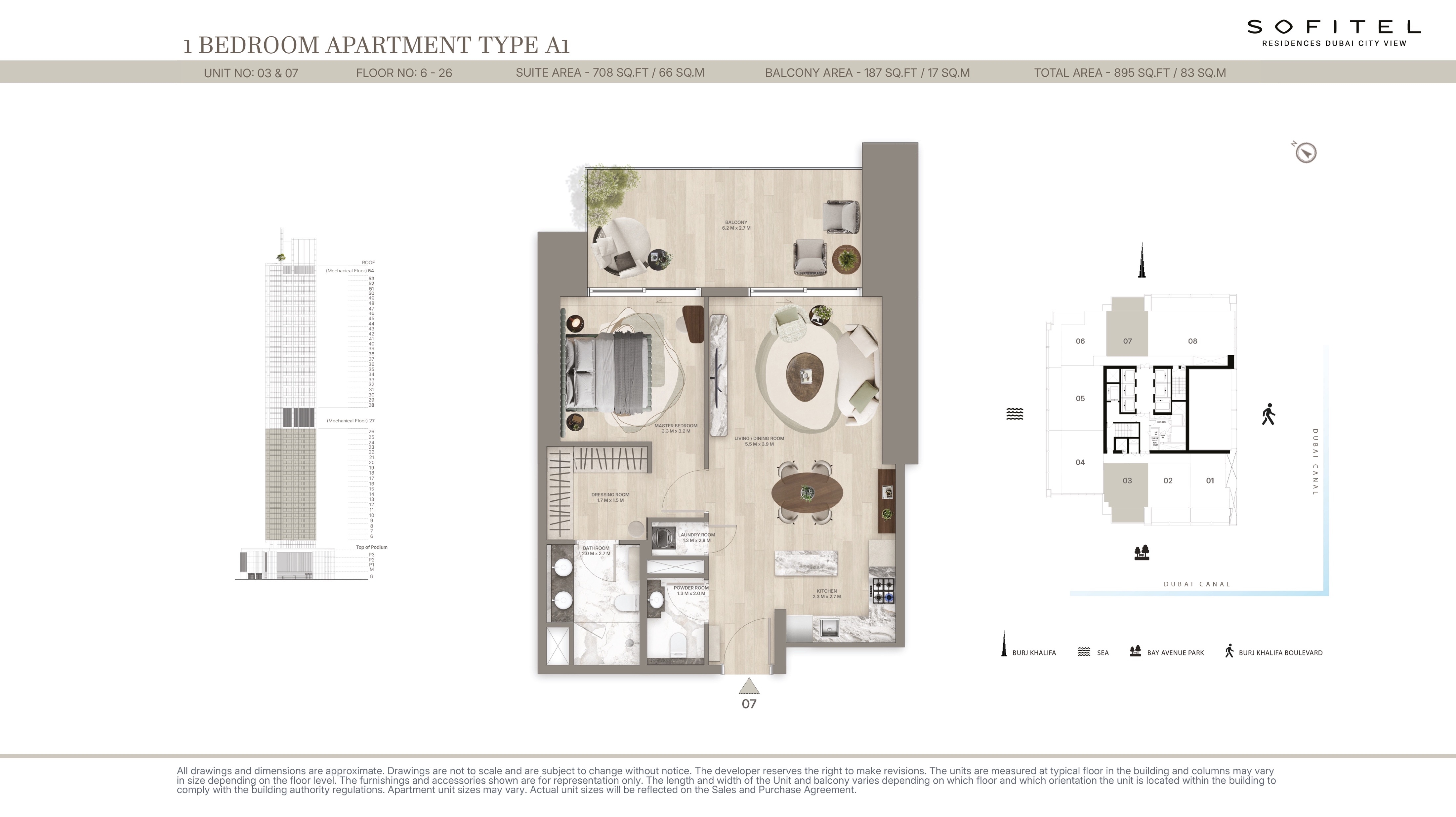 Sofitel Residences Dubai 1 Bedroom Type A Floor Plan - 895 sq.ft