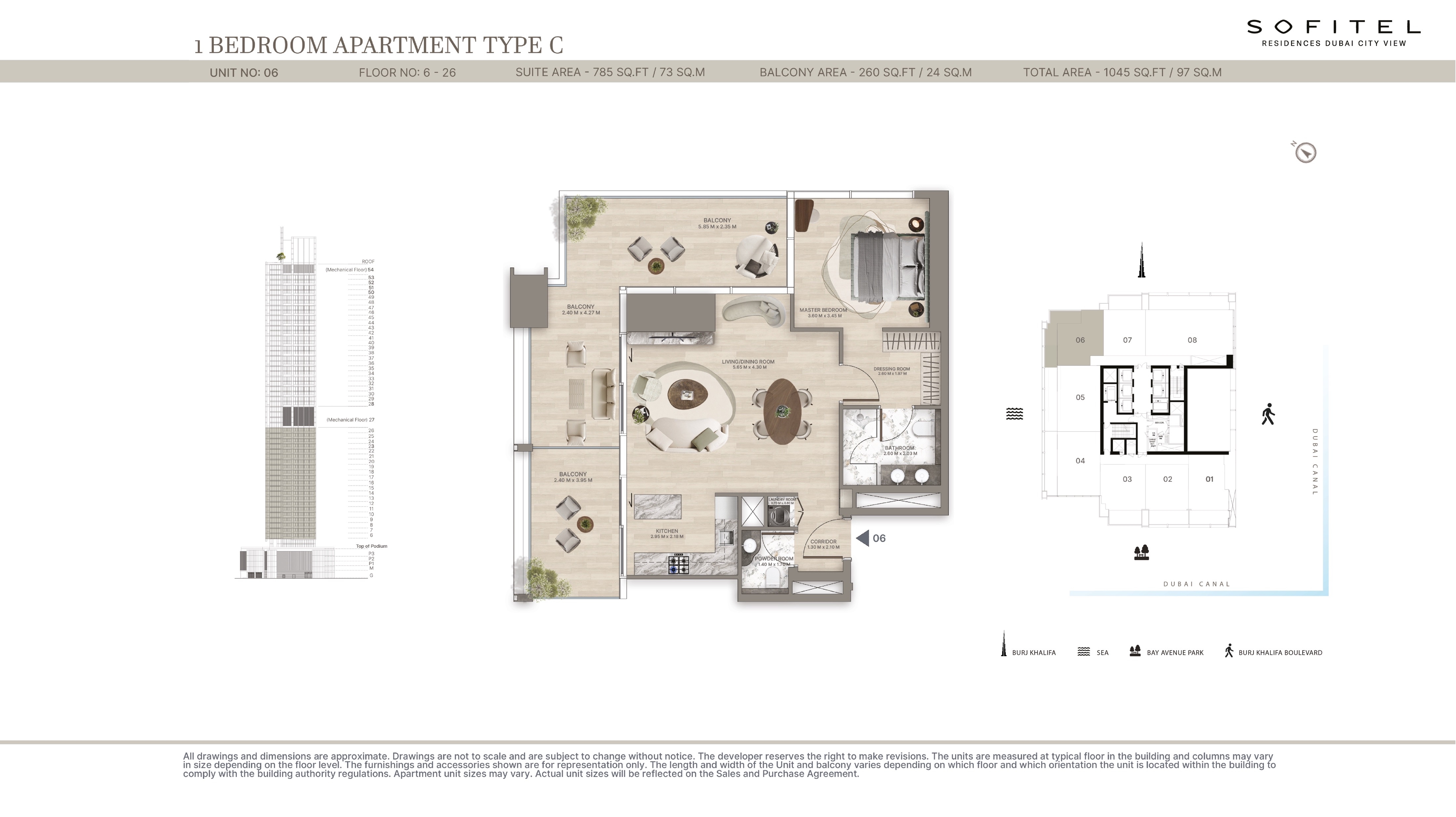 Sofitel Residences Dubai 1 Bedroom Type C Floor Plan - 1045 sq.ft