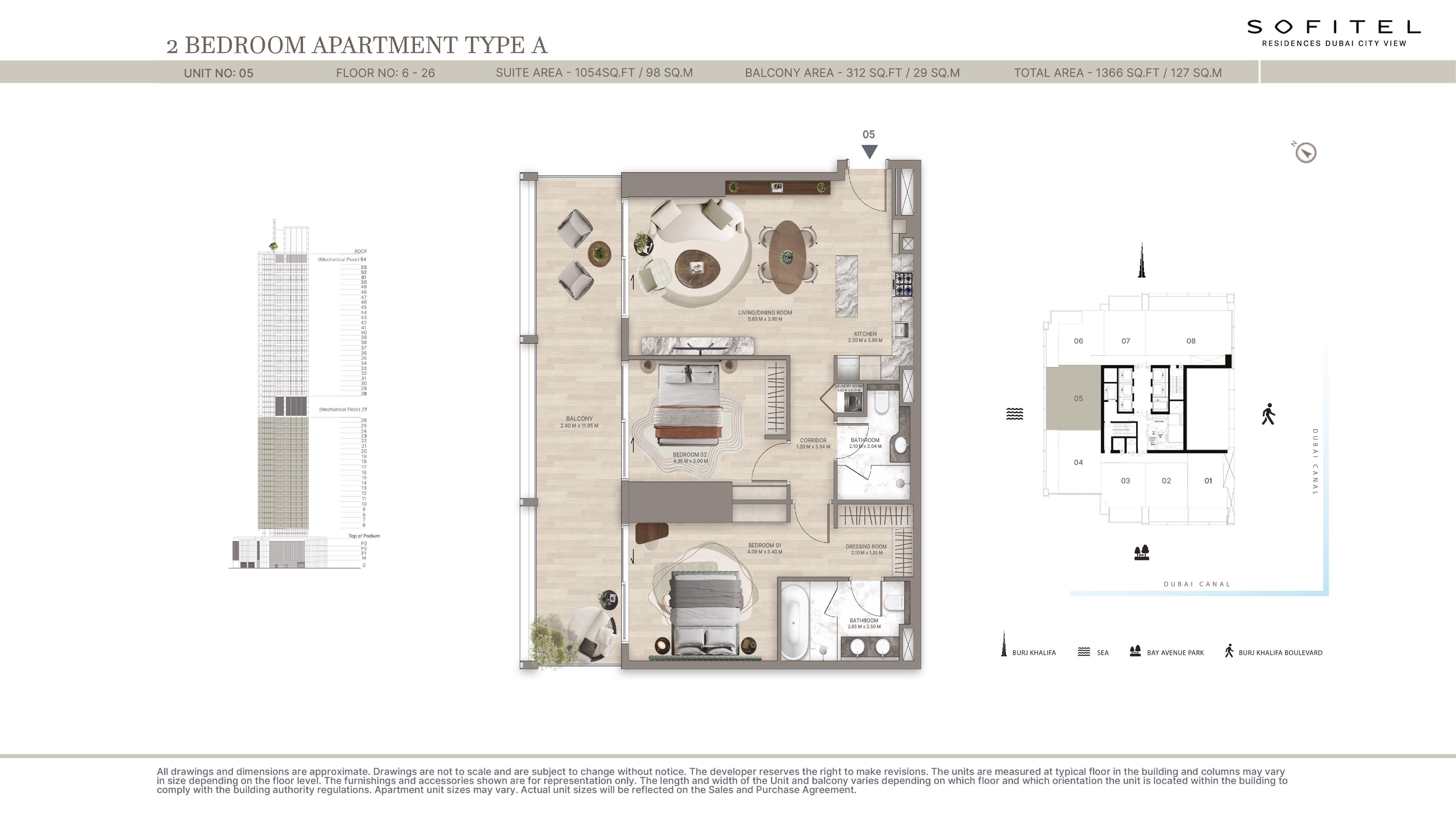 Sofitel Residences Dubai 2 Bedroom Type A Floor Plan - 1366 sq.ft