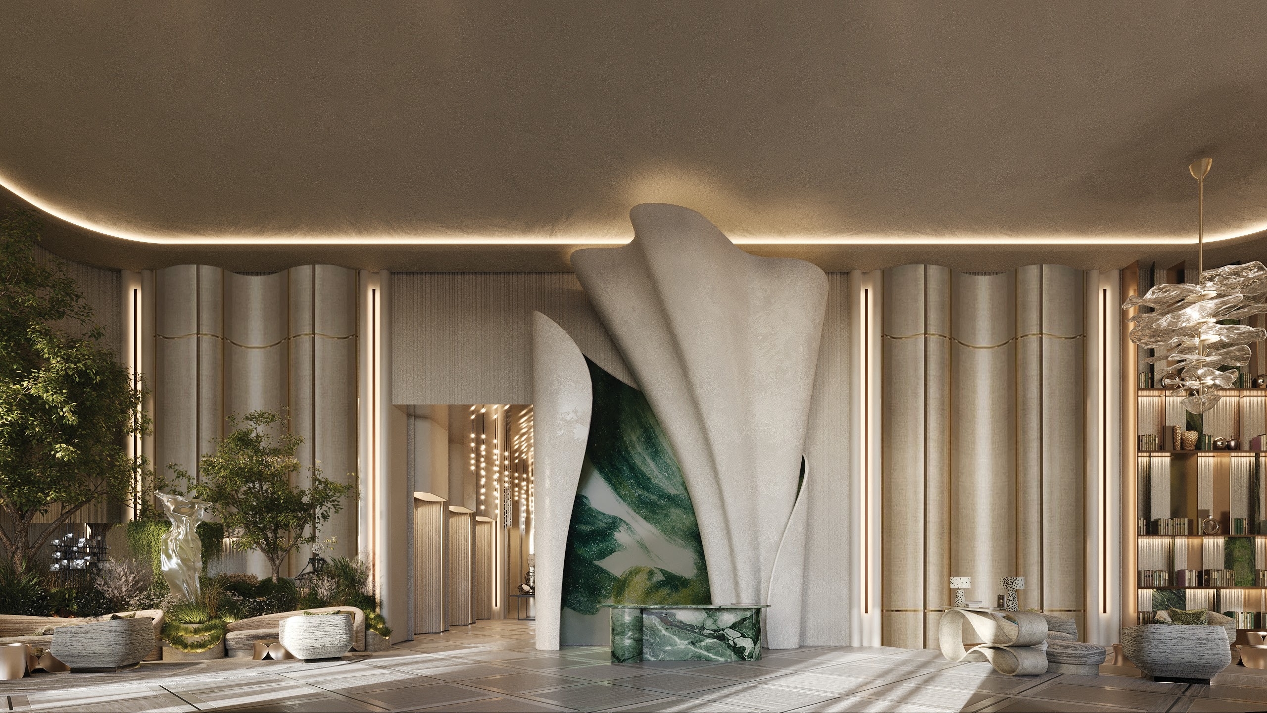 Sofitel Residences Dubai lobby featuring sculptural art installation and premium finishes